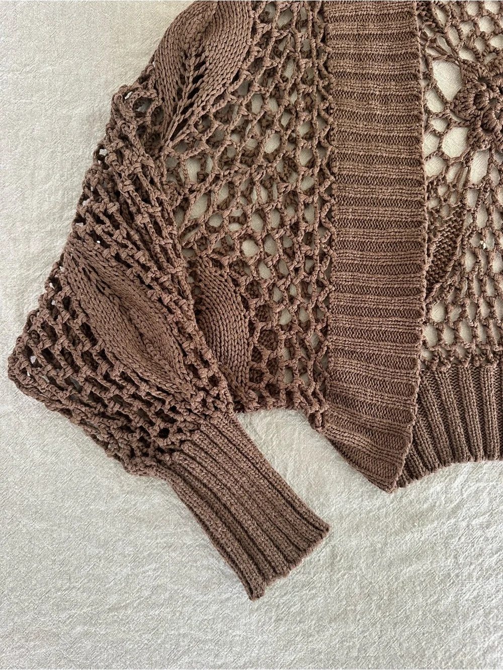 Brown Crochet Open-Knit Women's Cardigan Sweater - Picture 2 of 4
